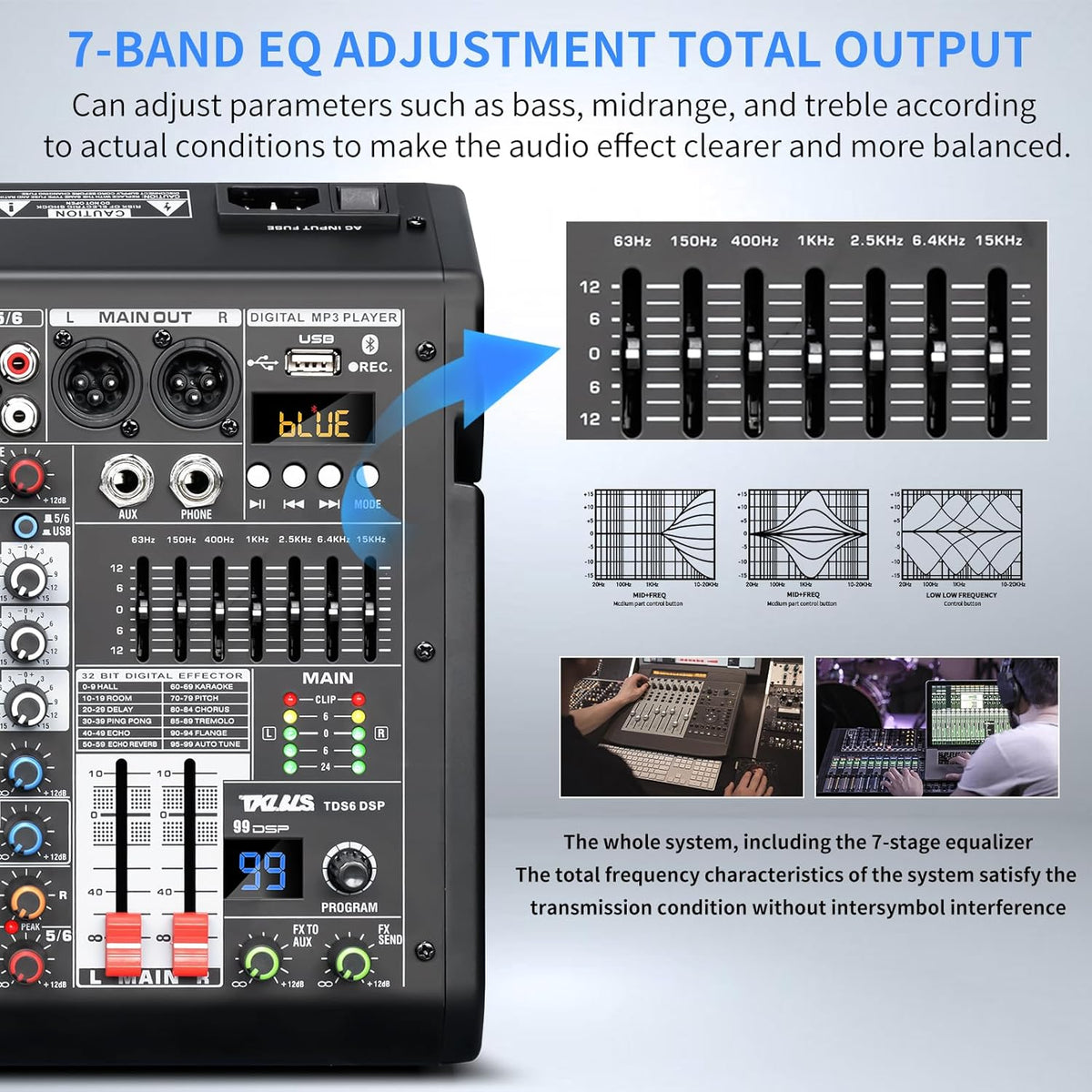 Audio Mixer, 6-Channel Professional DJ Mixer with 99-Bit DSP Effects, 7-Band EQ, 48V Phantom Power, MP3/Computer Input - Studio Audio Mixing Console for Recording & Live Performances