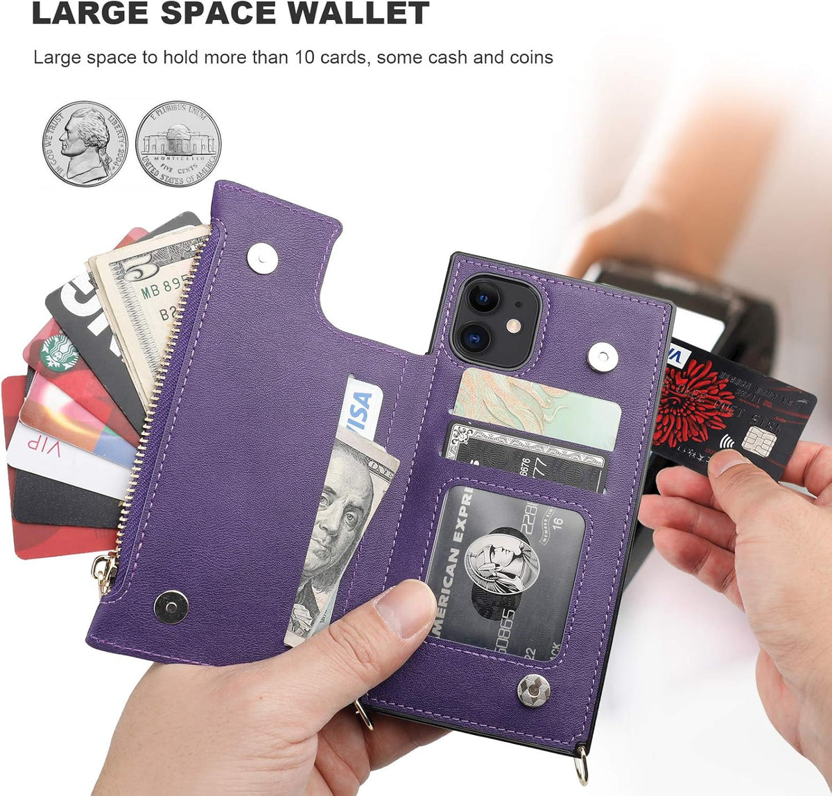 Bocasal Crossbody Wallet Case for iPhone 11 with Card Holder,Zipper Card Slot Protector Shockproof Purse Cover with Removable Cross Body Strap 6.1 Inch(Purple)