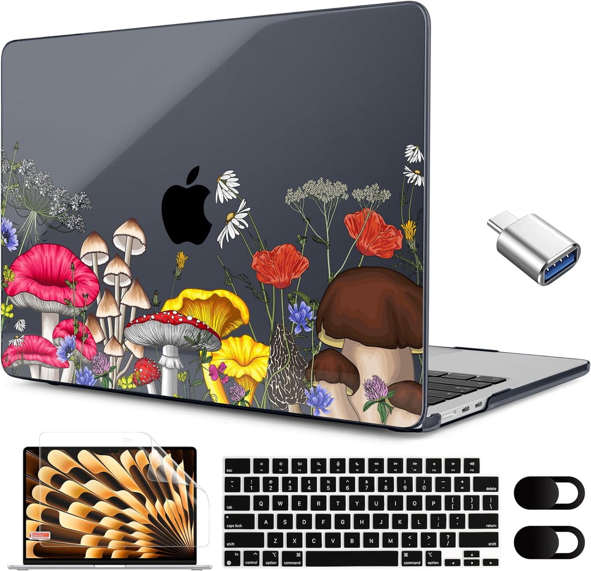 MEEgoodo for M4/M3/M2 MacBook Air 15.3 inch Case 2025 2024 2023, Case Fit Model (A3241/A3114/A2941) for MacBook Air 15 inch, Laptop Hard Shell with Keyboard Cover, Forest of Mushrooms