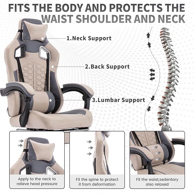 Grey Ergonomic Gaming Chairs for Adults Swivel Height Adjustable Comfortable Office Desk Chair with Footrest and Lumbar Support PU Upholstered Computer Chair with Headrest (Grey)