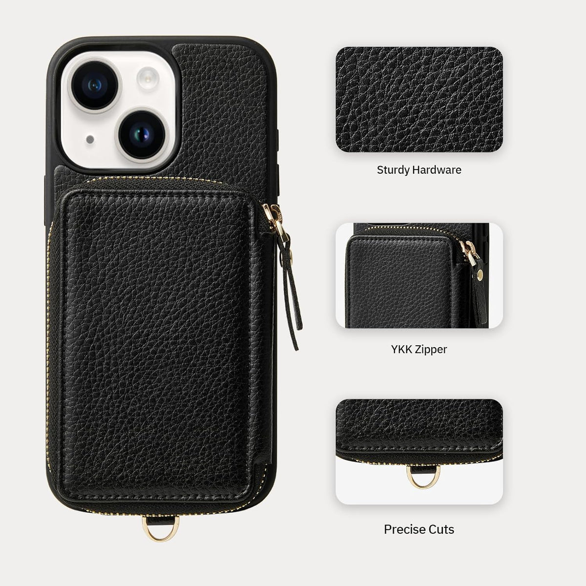 ZVE Wallet Case for iPhone 15, Phone Case Wallet with Card Holder Wrist Strap Compatible iPhone 15, RFID Blocking Zipper Faux Leather Cover for Women Gift for iPhone 15, 6.1"(2023) - Black