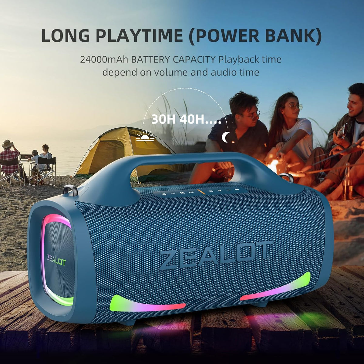 ZEALOT Bluetooth Speaker, 110W Peak(100W) Booming Sound Speakers Wireless, Dual Pairing, XBass, BT 5.3, 24000mAh Power Bank, Portable Outdoor Waterproof Speaker for Camping, Beach Party（Dark Blue