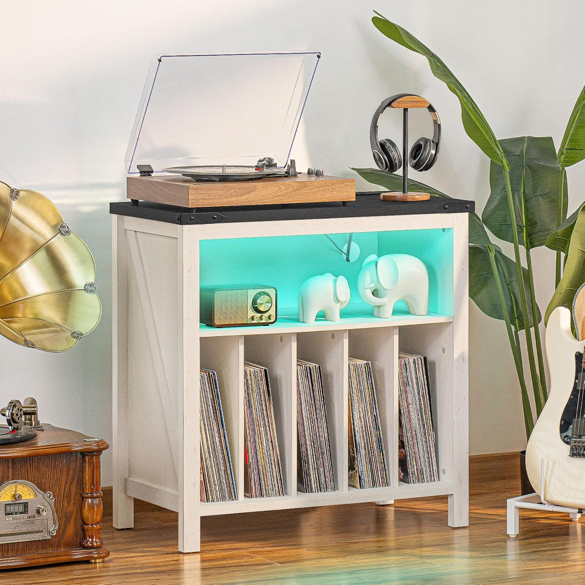 Large Record Player Stand with Charging Station & LED Lights, Vinyl Records Storage Holder Cabinet Holds up to 230 Albums, Turntable Stand for Music Room, Bedroom, Living Room, Office (White)