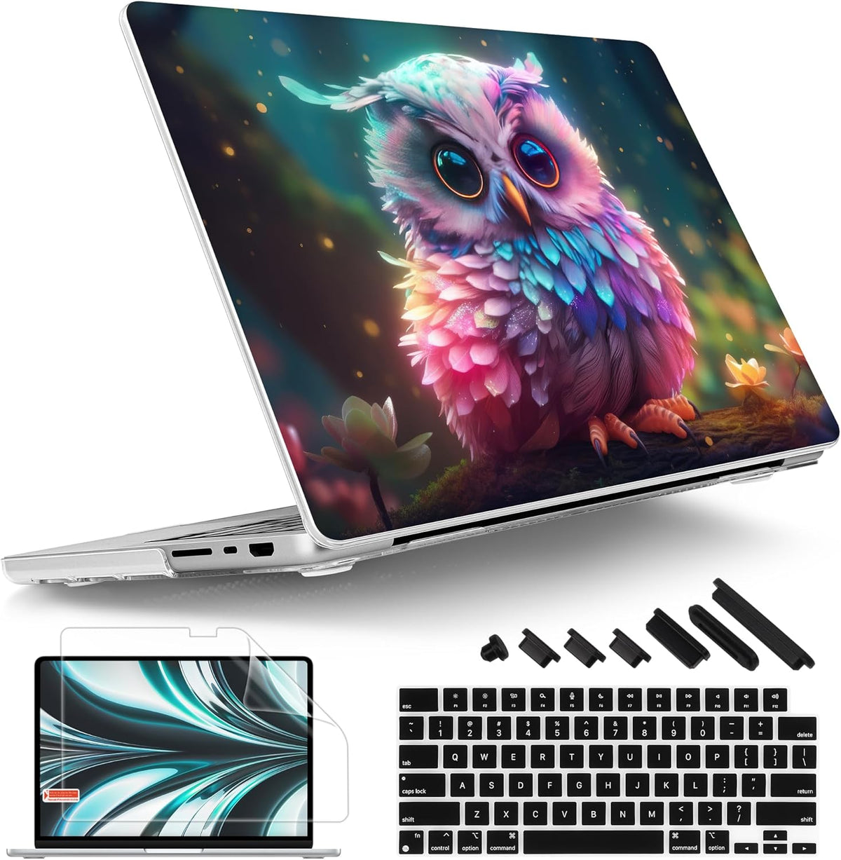 Tuiklol for M4 MacBook Pro 14 Inch Case 2024-2021 Release A3112 A3401 A3185/M3 A2918 A2992/M2 A2779/M1 A2442 Pro/Max Chip,Hard Shell Case with Screen Protector for Touch ID,Rainbow owl
