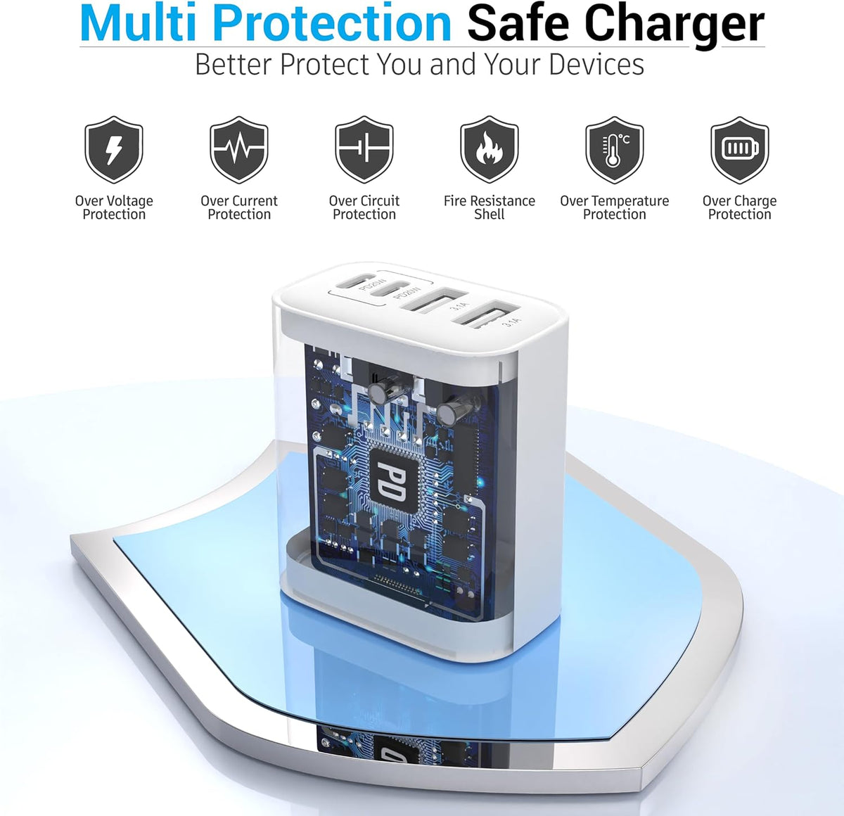 TT&C USB C Block 40W, 4 Ports Wall Plug Fast Charging Block, PD+QC Multiport Power Adapter USB C Charger Type C for iPhone 16,15,14,13,12,11, Pro Max, X, Xr, Xs, 8, Watch, Galaxy Phones (White 2Pack)