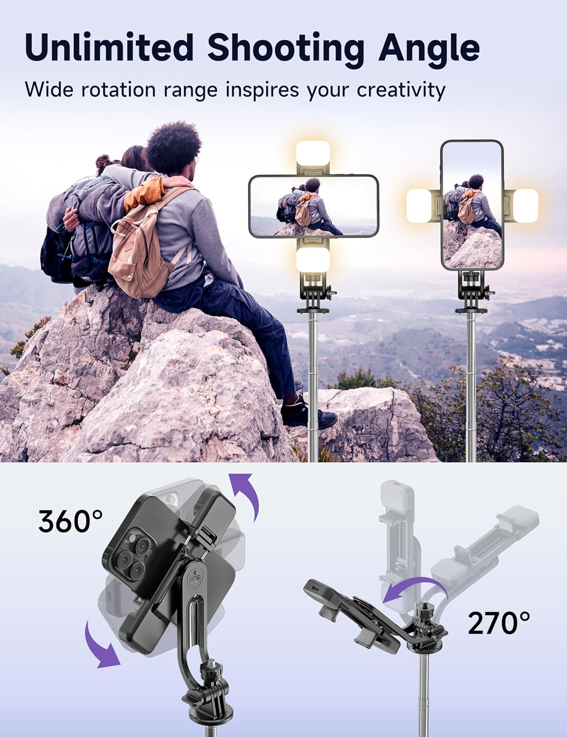 53'' Selfie Stick Tripod with Light, Extendable Selfie Stick with Remote, Portable Cell Phone Tripod Stand with All in 1 Phone Clip, Lightweight Camera Tripod Compatible with iPhone 15 14 13, Android