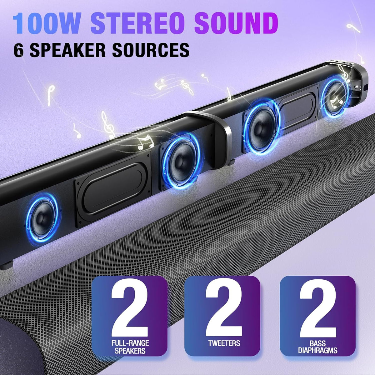 Sound Bar, 100W Sound Bar for Smart TV, Bluetooth 5.3 Soundbar, 2 in 1 Detachable Home Speaker Bass Effect, Home Theater Surround Sound, ARC/Optical/AUX/USB Connections, for TV/PC/Projectors