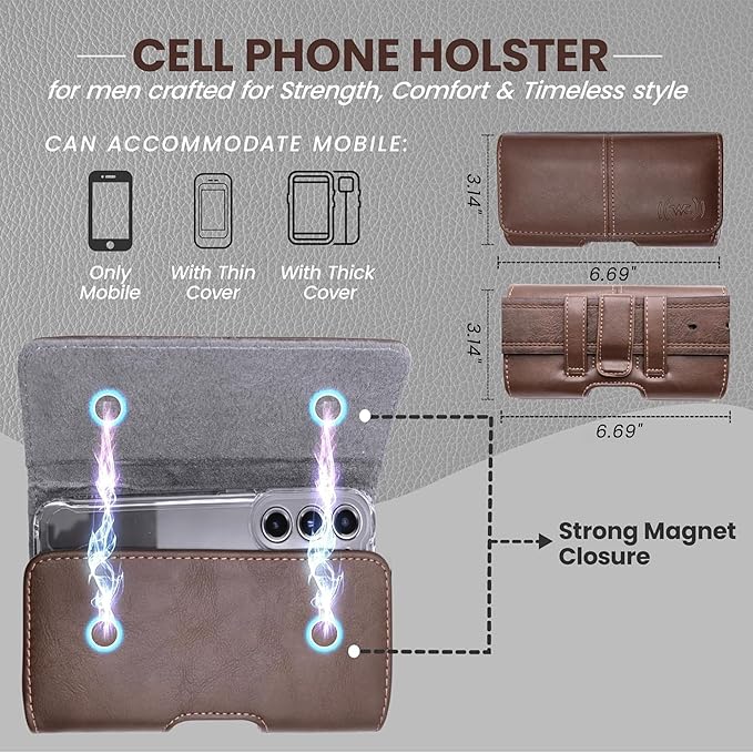 Wireless City Large Leather Phone Holster for iPhone 16/15/14 Plus, iPhone Air 2025, 11 Pro Max, XS Max, Horizontal Belt Clip & Loop Phone Pouch, Magnetic Closure Belt Holder for Men & Women (Brown)