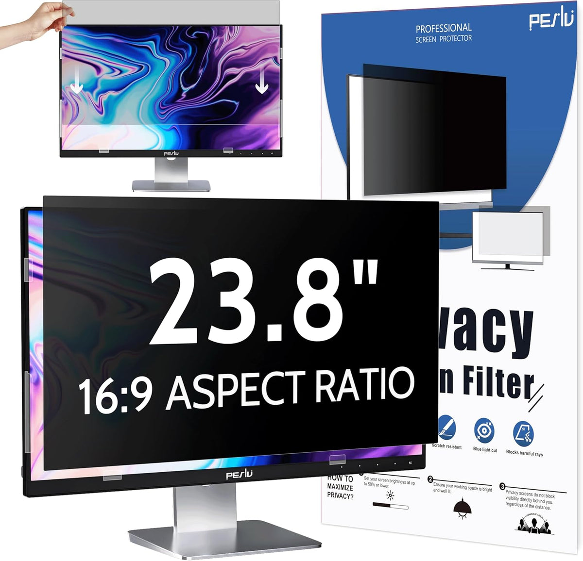 Privacy Screen for Computer Monitor 23.8 Inch 16:9 Aspect Ratio, Anti Blue Light Glare Removable 23.8 in Privacy Screen Filter Protective Film, HD 23.8 Inch Privacy Screen Protector for Monitor