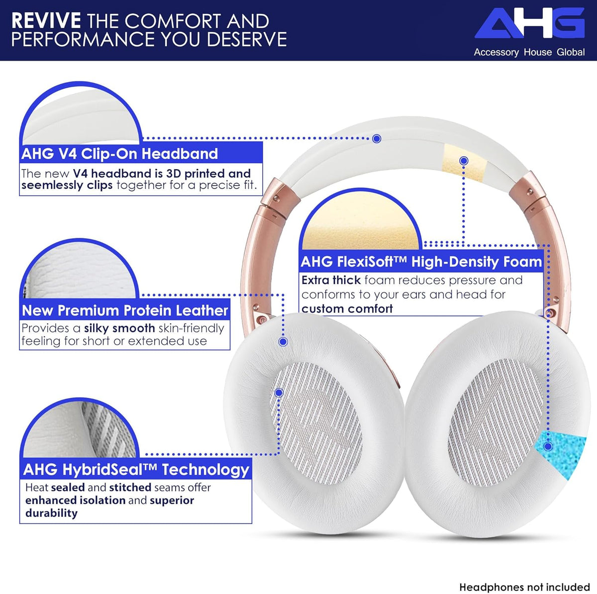 Replacement QC Ear Pad and Headband Pad Kit Cushion. Compatible with Bose QuietComfort (2023) QC45 QC35 QC35 II QC SC QC SE Wireless Noise Cancelling Headphones (White)
