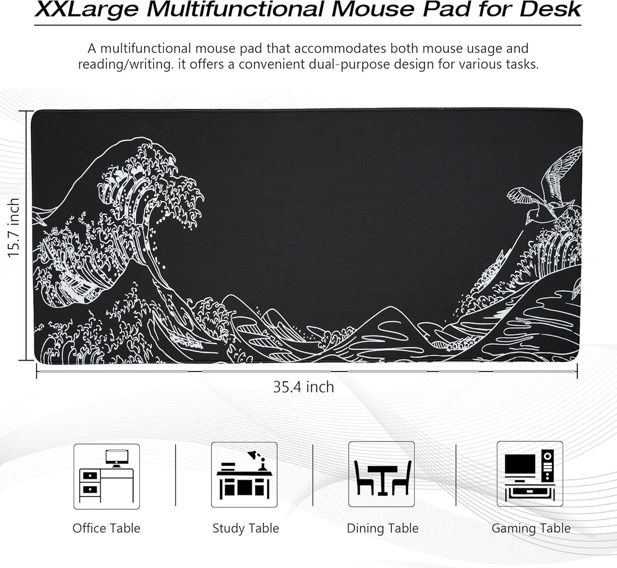 Large Gaming Mouse Pad for Desk,Kanagawa XXL Mouse Pad 35.4x15.7 Inch,Waterproof Desk Pad,Non-Slip Rubber Base Mice Pad,Keyboard Pad Computer Mat,Black Mouse pad