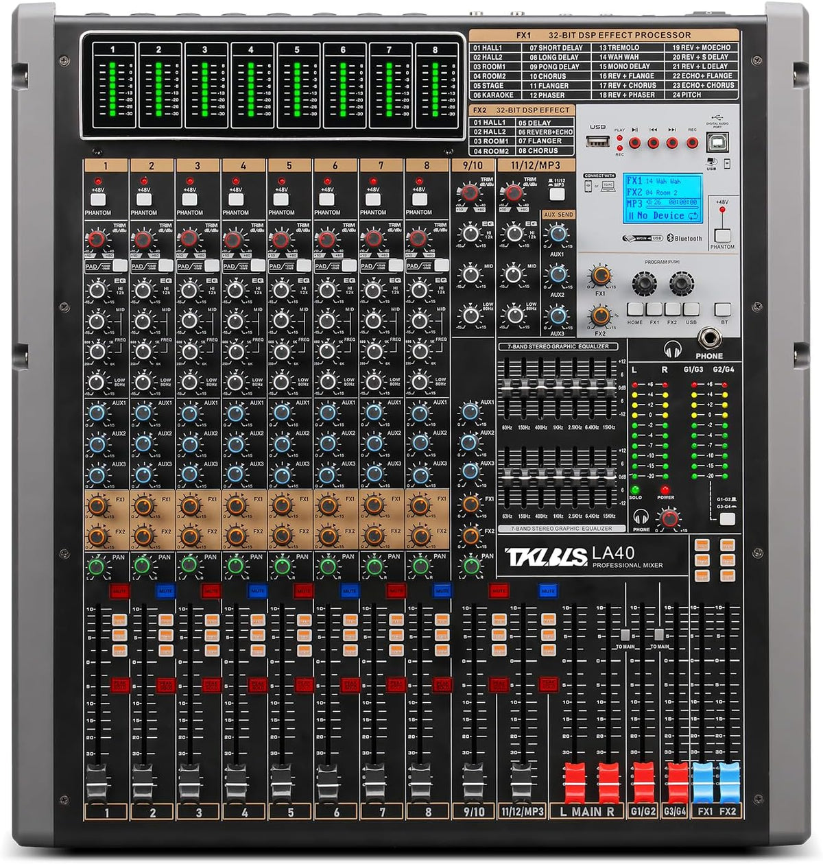 Professional Audio Mixer, 12 Channel Sound Board Mixing Console, Dual DSP Reverb Studio Mixer Board, Dual 7-Band EQ, 48V Phantom Power, 4 Group Stereo Output Input, PAD