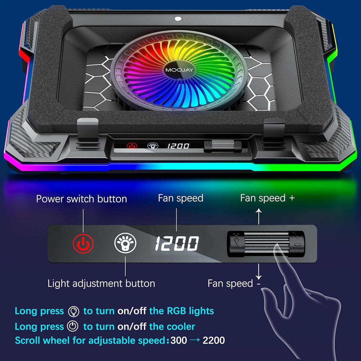 MOOJAY Laptop Cooling Pad Powerful Turbo Fan RGB Gaming Notebook Cooler, Laptop Fan Cooling Stand with 8 Adjustable Heights and Phone Holder, for 14-19 Inch Laptops - Colored LED Light