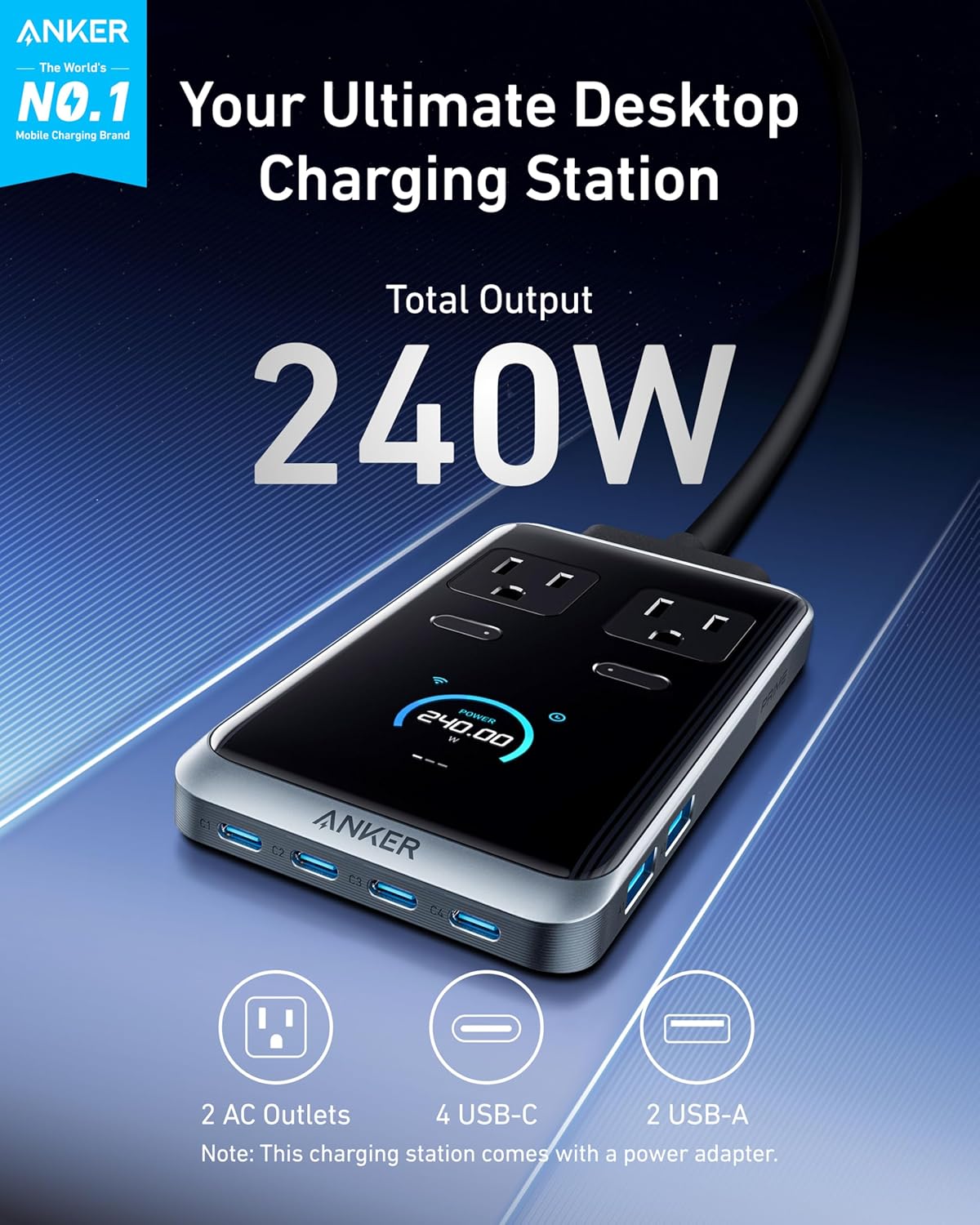 Anker Prime Charging Station, 240W 8-in-1 USB C Power Strip, 5 ft Detachable Extension Cord, 2 AC, 4 USB C, 2 USB A, for iPhone 15/14, Desktop Accessory for MacBook, Home, Office (Not for Travel)