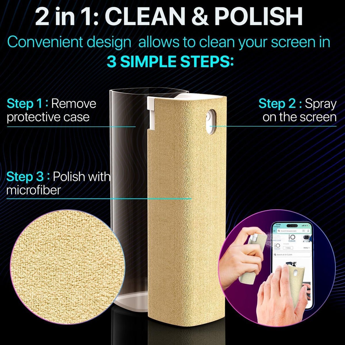 Mini Screen Cleaner Spray – Finger Proof Screen Cleaner for Smartphones, iPads, MacBooks, Laptops, Car Screens, Touchscreens – 3in1 Mist Cleaner, Microfiber Cloth and Protective Cover (Khaki)