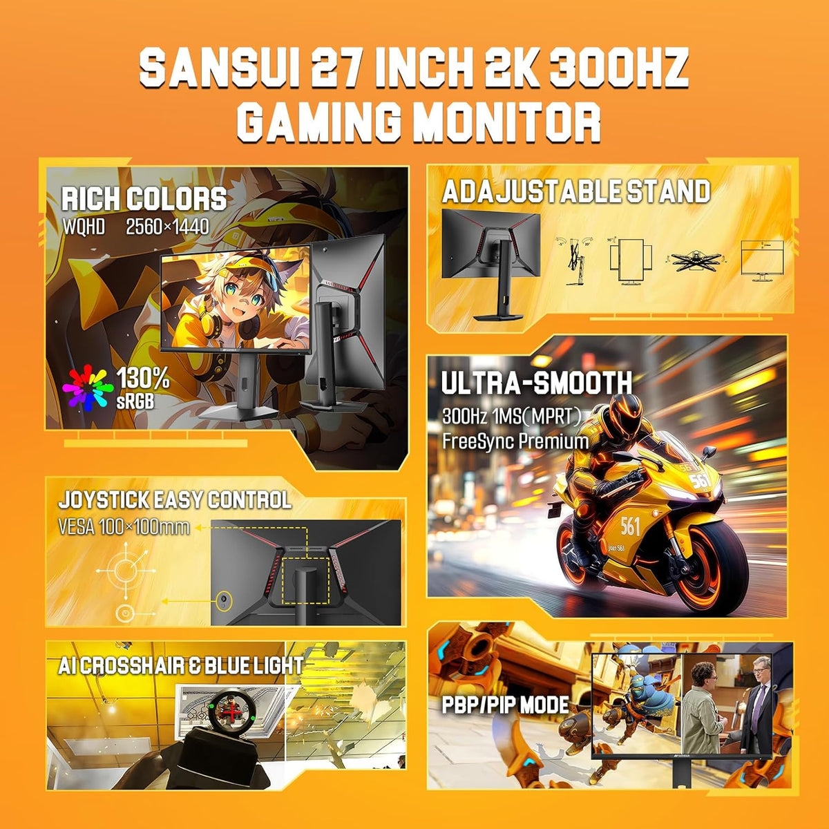 SANSUI 27 inch WQHD 2560x1440 300Hz 240Hz Gaming Monitor, FastIPS 1ms Computer Monitor, FreeSync Premium|Brightness 400Nits| 130% sRGB | 10Bits | HDR | ErgoStand | VESA Mount |2×DP 1.4 & 2×HDMI 2.1