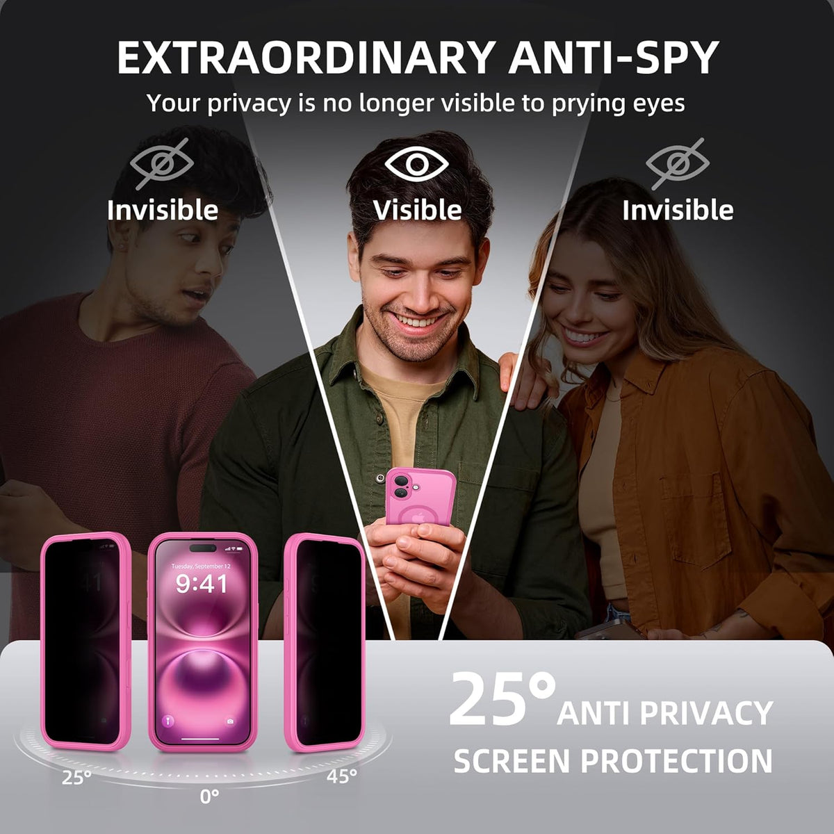 BERFY Magnetic for iPhone 16 Case, Compatible with MagSafe, Built-in Privacy Screen Protector and Upgraded Camera Protection, Anti-Spy Full Body Shockproof Phone Case for 16 6.1", Peony