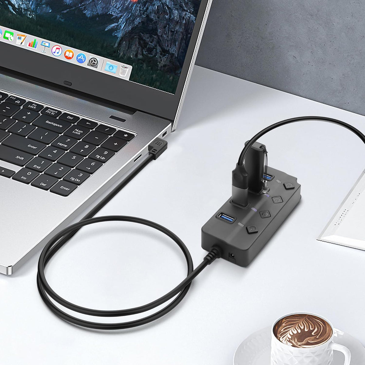 90 Degree USB Hub Splitter YACSEJAO USB 2.0 Data Hub with Individual LED Button On/Off Switch DC5.5 * 2.1 Power Port for Laptop,PC Computer (4 Ports, 1M)