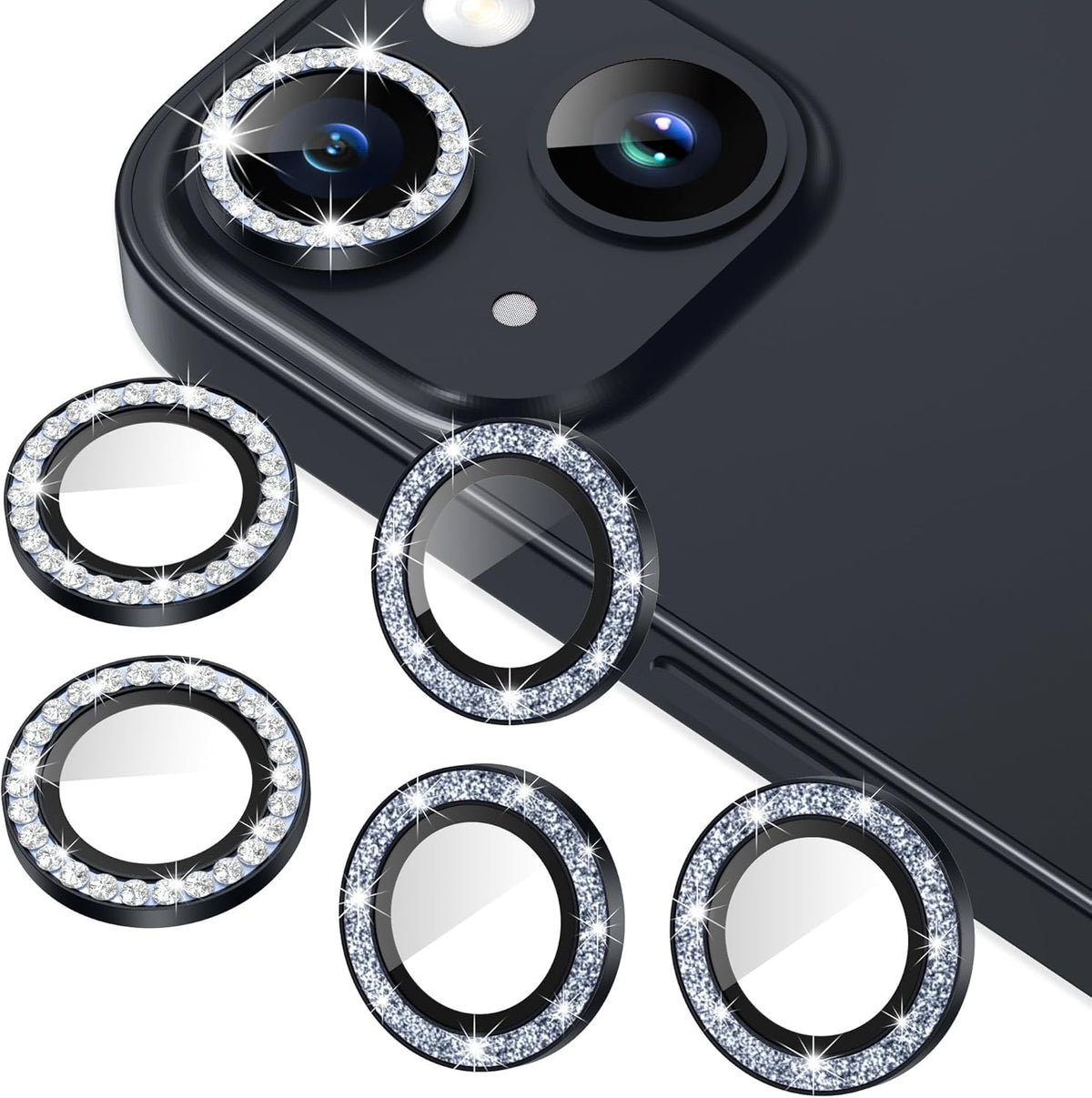 AGVEE 3+3 for iPhone 14 6.1" / 14 Plus 6.7" Camera Lens Protector, Bling Diamond & Bling Glitter Metal Ring 9H Tempered HD Glass Camera Protector Cover Film, Bling-Black