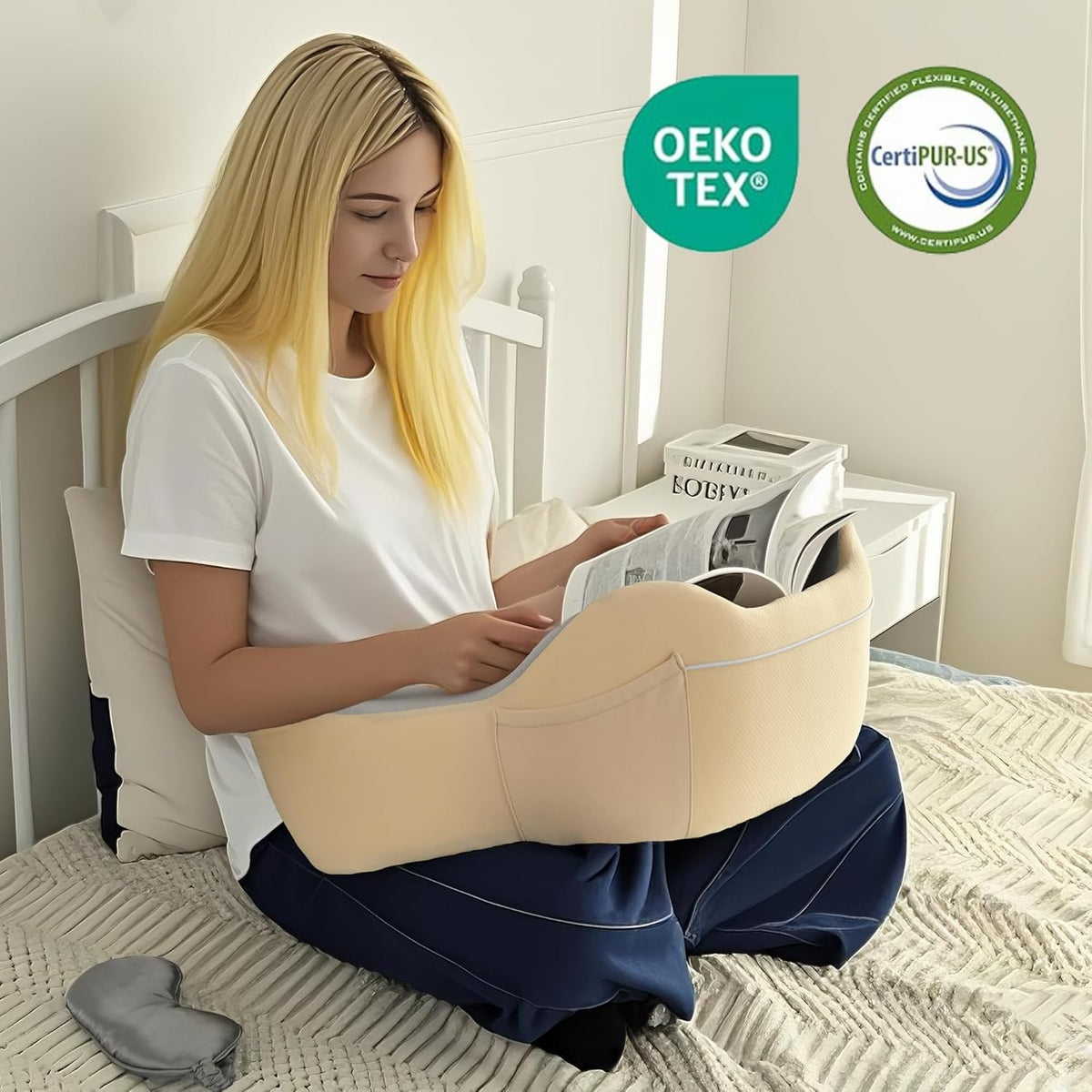 XWZO Laptop Lap Desk with Cushion, Ergonomic Wrist Rest Home Office Laptop Desk, Portable Memory Foam Arm Rest Gaming Pillow, Work or Sleep Pillow Stand for Bed, Eye Mask Included, Beige