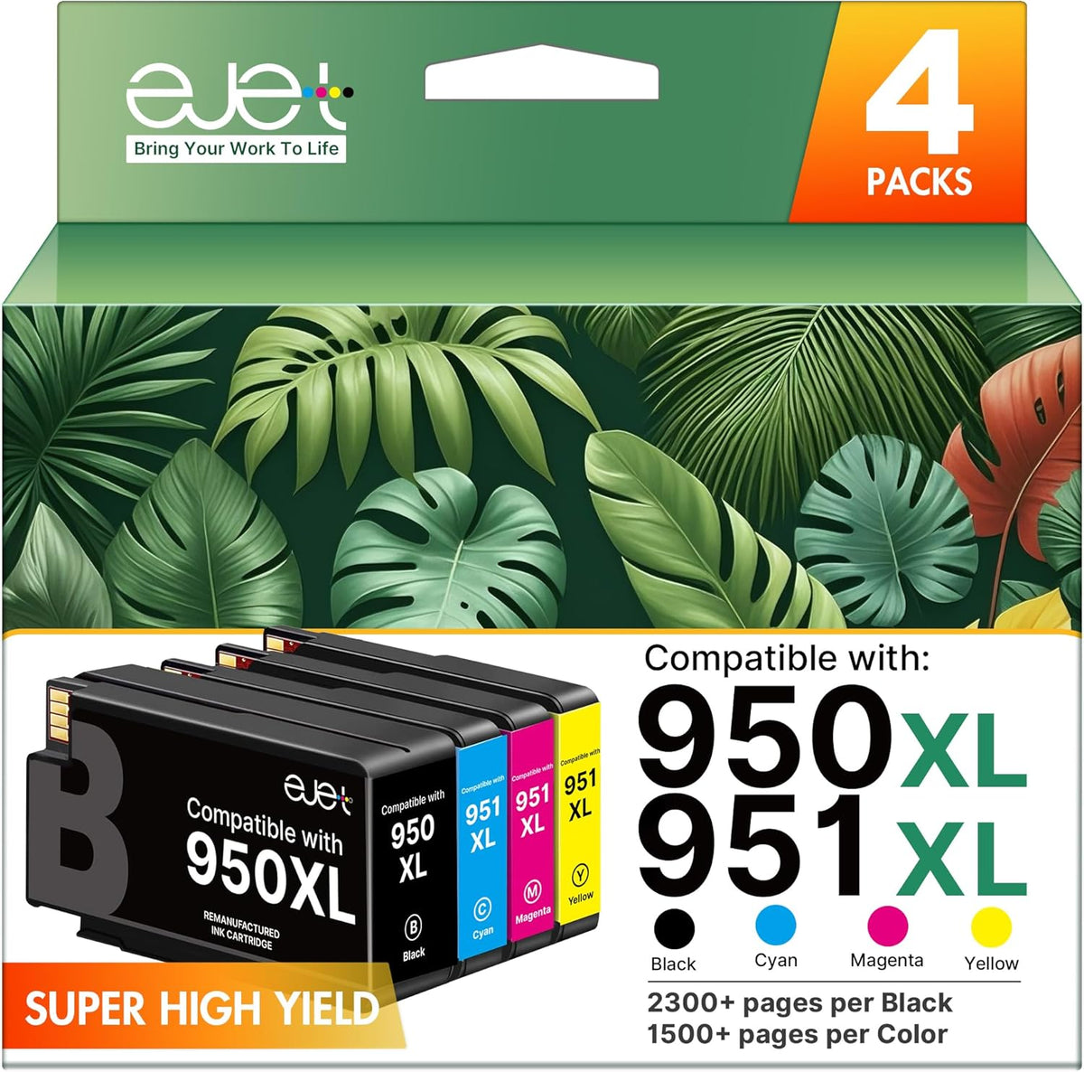 ejet 950XL and 951XL Ink Cartridges Combo Pack Compatible for HP 950 951 Ink Cartridges Combo Pack Use for OfficeJet Pro 8600 8610 8615 8620 8625 8100 8630 8660 276DW 251DW, Black Cyan Magenta Yellow