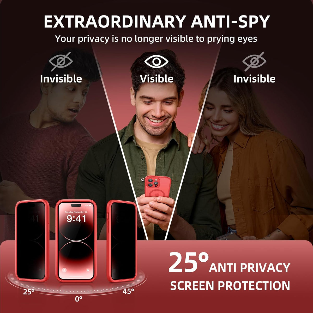 BERFY Magnetic for iPhone 14 Pro Max Case, Compatible with MagSafe, Built-in Privacy Screen Protector and Upgraded Camera Protection, Anti-Spy Full Body Shockproof Phone Case for 14 Pro Max 6.7", Red
