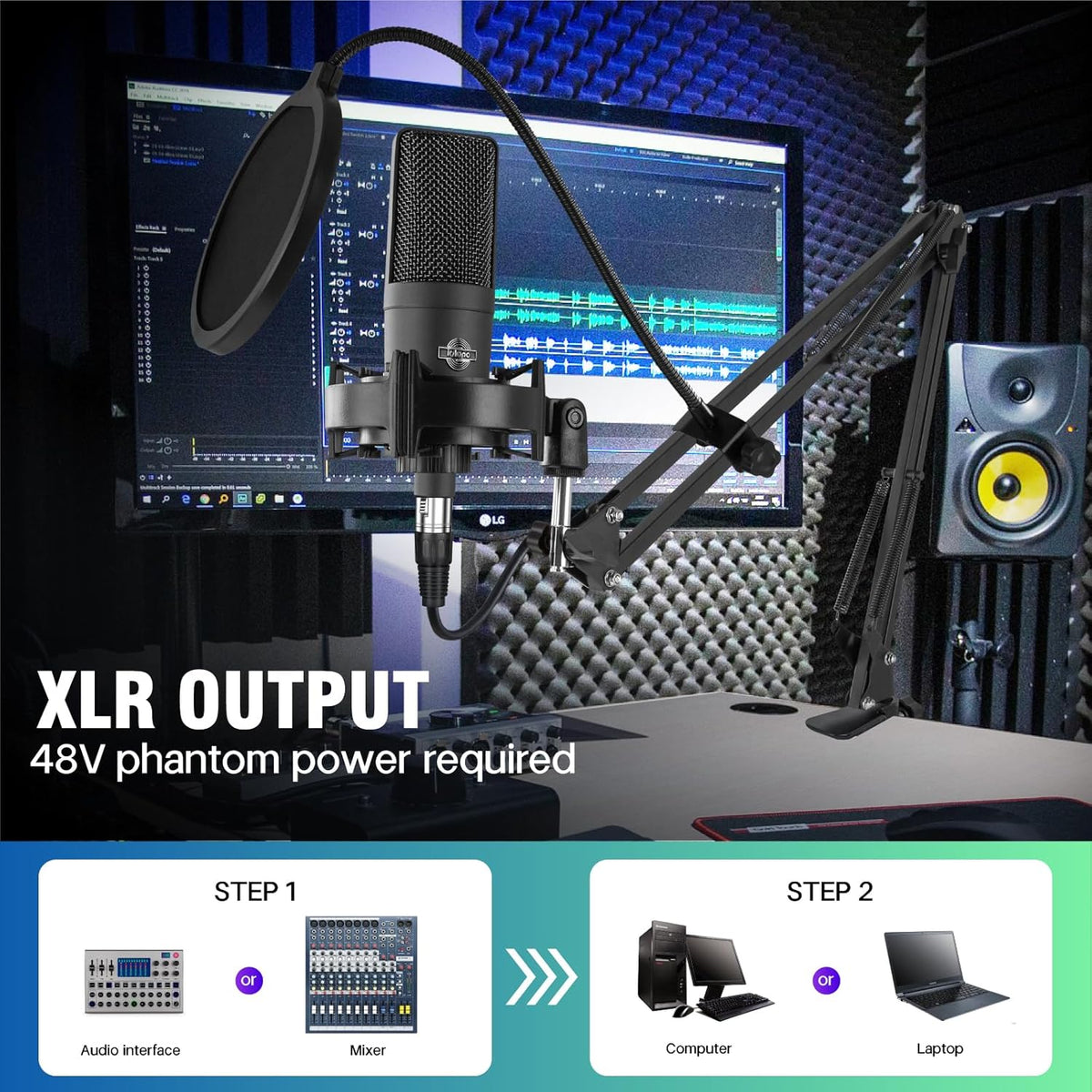 Condenser Microphone XLR Professional Studio Recording Microphone Kit for PC Computer with Boom Arm,Cardioid XLR Podcast Microphone for Streaming,Gaming,Singing,Voice Over,ASMR,YouTube