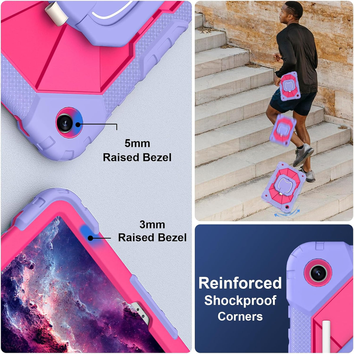 for Galaxy Tab A9 Plus Case 11 Inch, Rugged Case for Samsung Galaxy A9+ Tablet with Screen Protector 360 Rotating Stand Shoulder Strap Pen Holder, 2023 Model(SM-X210/X216/218), Purple Pink