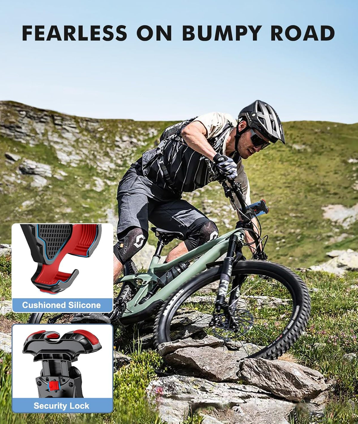 Motorcycle Phone Mount, Upgrade Bike Phone Mount [1s Lock][Secure Protection], 360° Rotatable Phone Holder for Mountain Bike/ATV/Scooter Handlebar, Compatible with iPhone/Samsung 4.7-6.7" (Red)