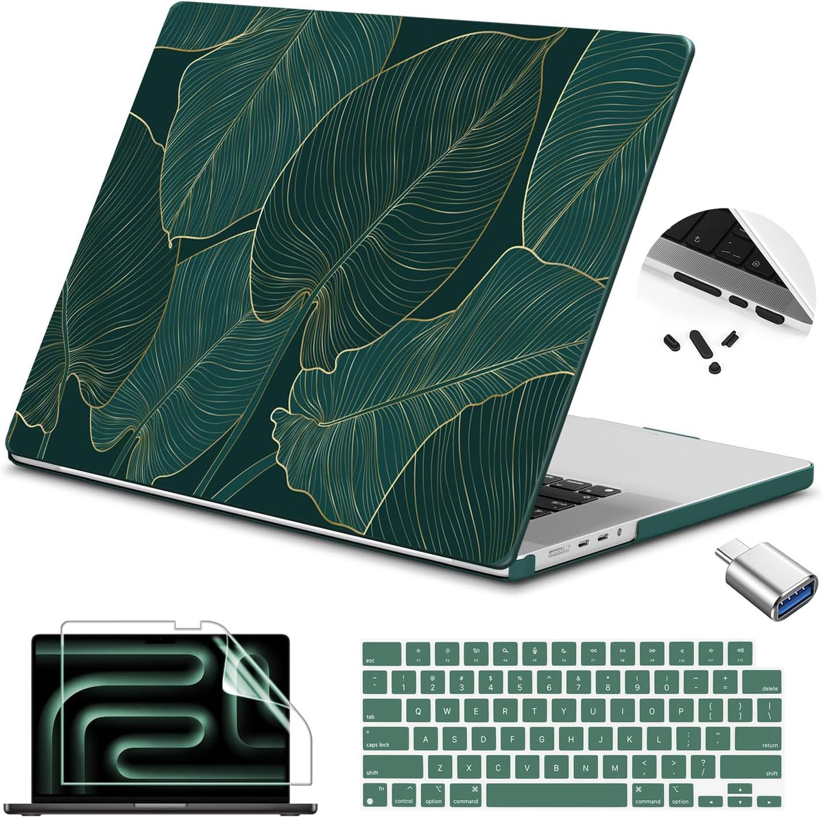 Teryeefi Pattern Case for MacBook Pro 14 inch Case 2025-2021 M4 M3 M2 M1 Pro/Max, Fit Model A3401 A3112 A2992 A2918 A2779 A2442 Protective Hard Shell +Keyboard Cover+Screen Protector - Green Leaf