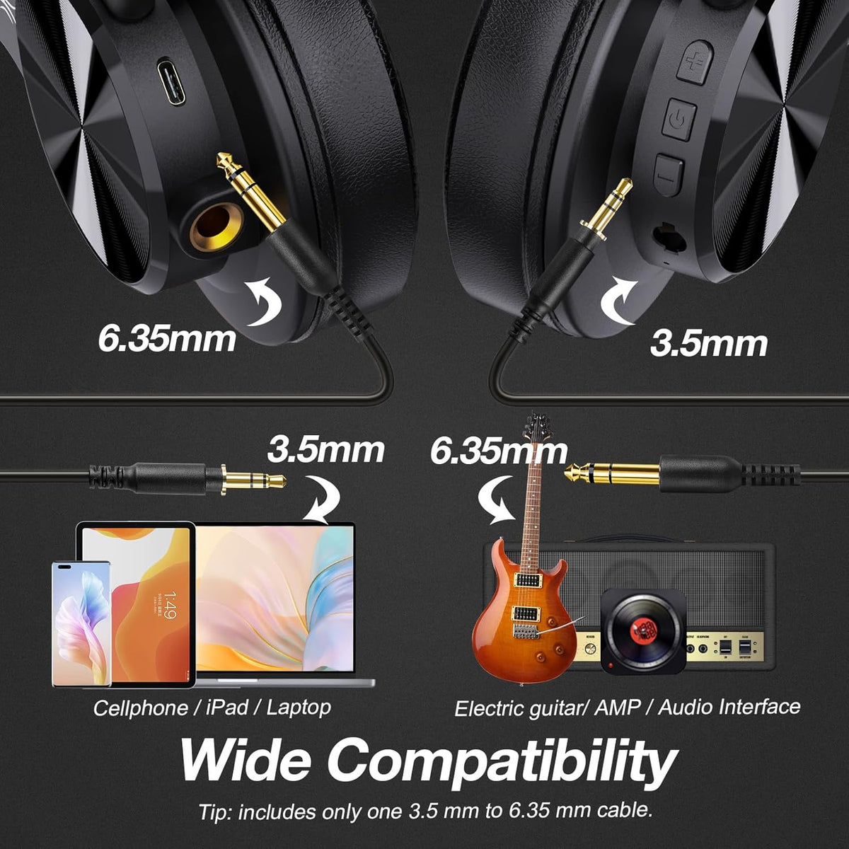 OneOdio A70 Bluetooth Over Ear Headphones, Wireless Headphones w/ 72H Playtime, Hi-Res, 3.5mm/6.35mm Wired Audio Jack for Studio Monitor & Mixing DJ Guitar AMP, Computer Laptop PC Tablet - Red