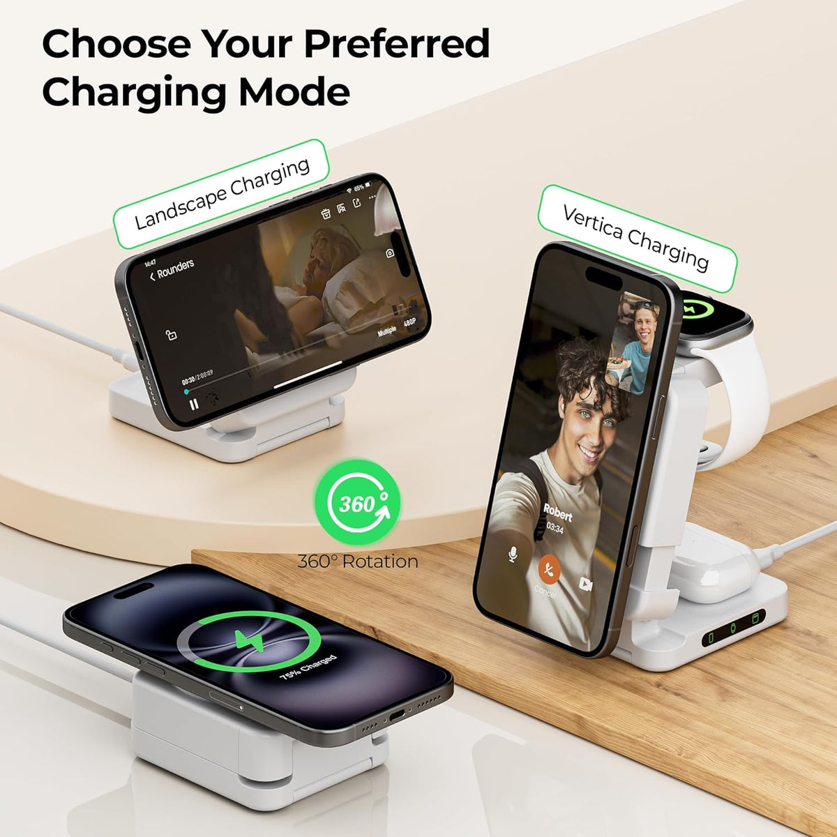 【2025 Upgraded】 Wireless Charger 3 in 1, Foldable Wireless Charging Station, Travel Magnetic Charger Stand, Nightstand 15W Charging Station for iPhone 16 Samsung S25 Samsung Watch TWS Earphone iWatch