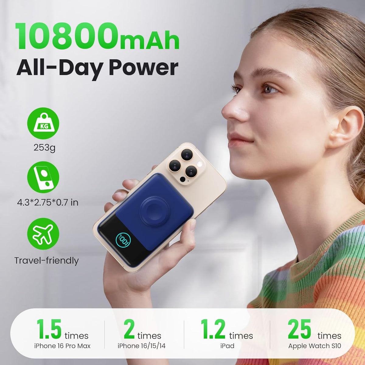 Magnetic Portable Charger for iPhone, 3-in-1 10800mAh Qi2 15W Wireless Power Bank with iWatch Charger,30W PD Fast Charging USB-C LCD Display Battery Pack for Magsafe,iPhone 16/15/14/13/12, Apple Watch
