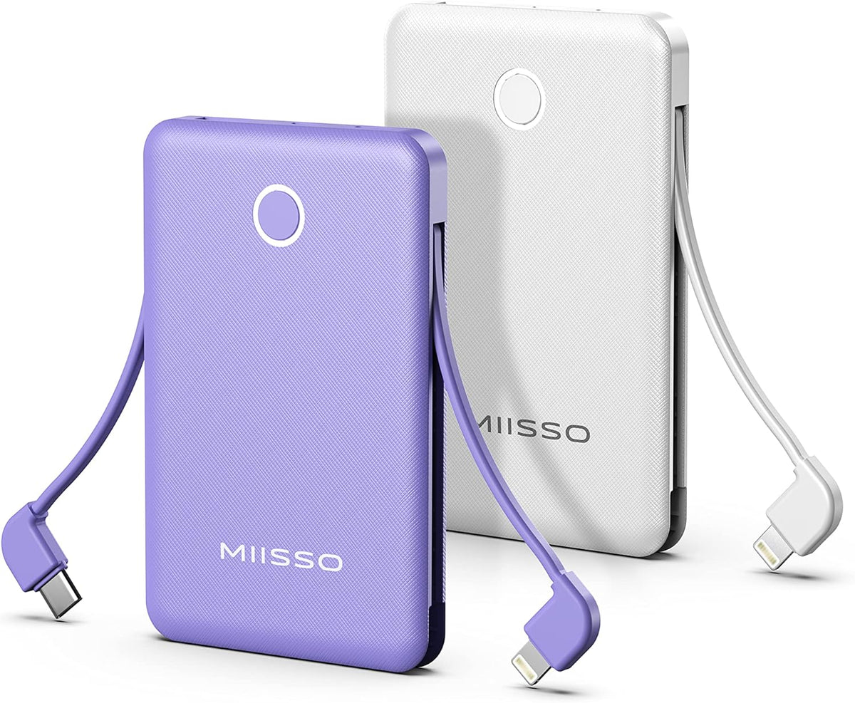 2-Pack 6000mah Ultra Slim Built in Cables Power Bank, Card Size Built in USB C Cords Battery Pack Portable Charger for Phones, 3 Output External Battery Pack Compatible with iPhone, White & Purple