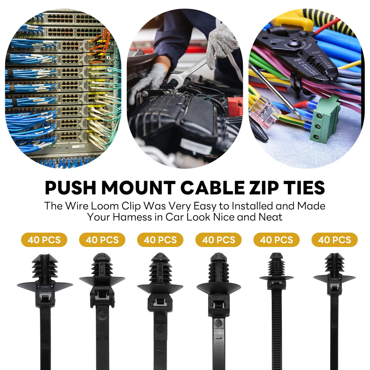 Semrien 240 Pcs Push Mount Cable Ties Assorted Sizes, Black Nylon Push Mount Zip Ties Wire Harness Clips, 6-Types Snap in Zip Ties Self Locking Automotive Wire Ties for Wire Tying, Automotive
