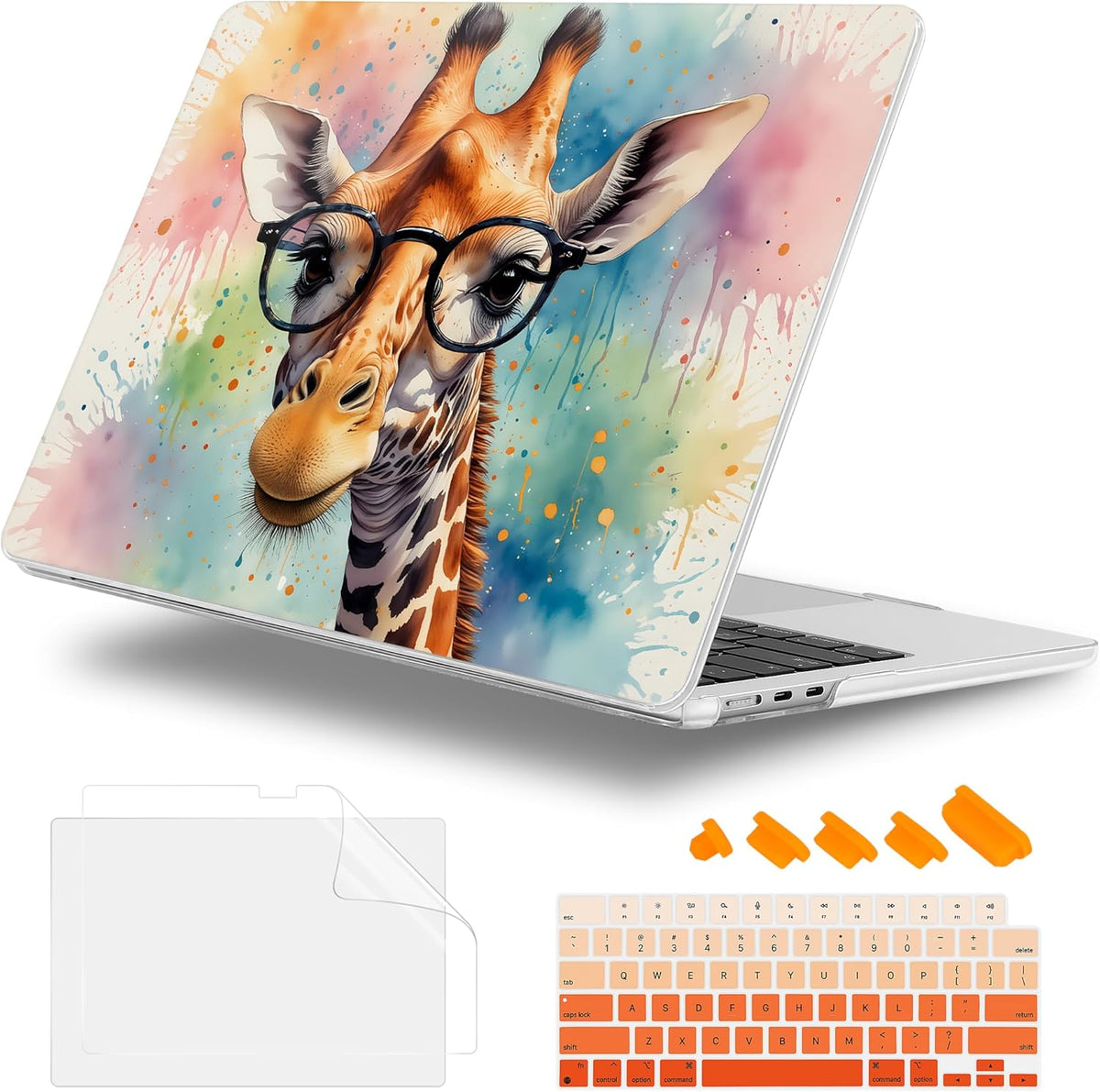 Case for MacBook Air 15 Inch 2025 2024 2023 Release M4 A3241 M3 A3114 M2 A2941, Hard Shell with Screen Protector & Keyboard Cover, Compatible with Touch ID, Glasses Giraffe