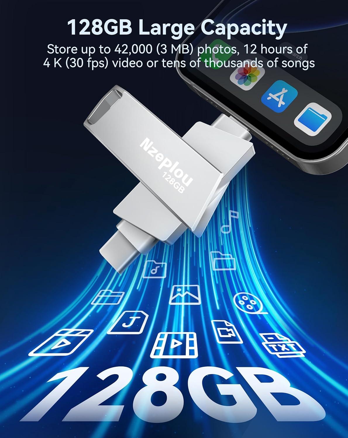 128GB Flash Drive for iPhone iPad, USB3.0 High-Speed Memory Stick No App Needed, Lightening & USB-C External Memory Storage for Photos Videos, Picture Backup Thumb Drive Plug & Play(Silver)