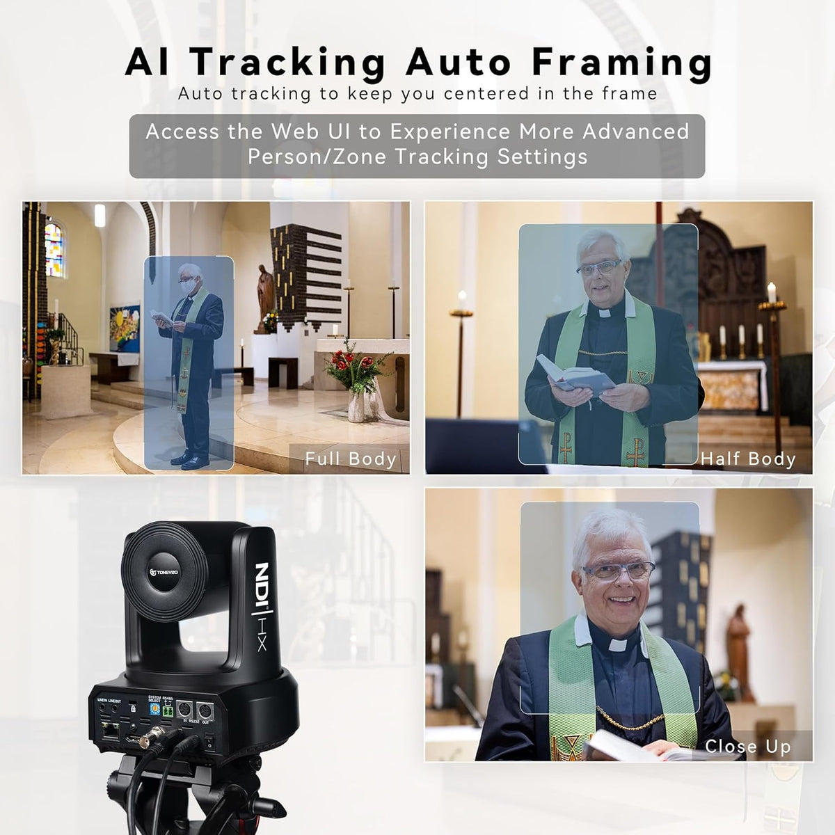 NDI AI Auto-Tracking IP PTZ Camera SDI/HDMI/USB3.0/LAN PoE 30X Optical + 16X Digital Zoom 1080P 60fps for Live Streaming Church Services Education Video Conference with OBS vMix and More