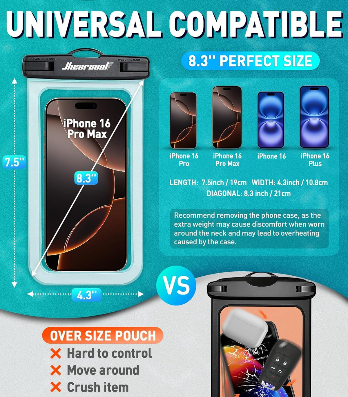 Hiearcool Waterproof Phone Pouch, Waterproof Beach Bag Compatible for iPhone 16 15 14 13 Pro Max Up to 8.3", IPX8 Cellphone Kayak Accessories, Travel Essentials for Beach -Clear-2Pack