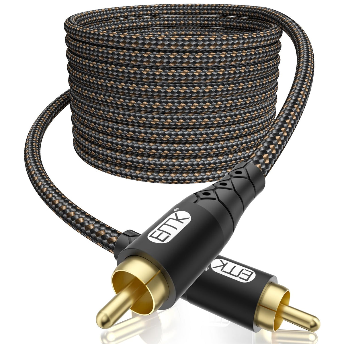 EMK RCA to RCA Subwoofer Cable – 24K Gold-Plated Connector Nylon Braided Double Shielded Audio Cable Digital&Analog Signal Support for Amplifiers Subwoofer Home Theater Hi-Fi Systems Black/30ft/10m
