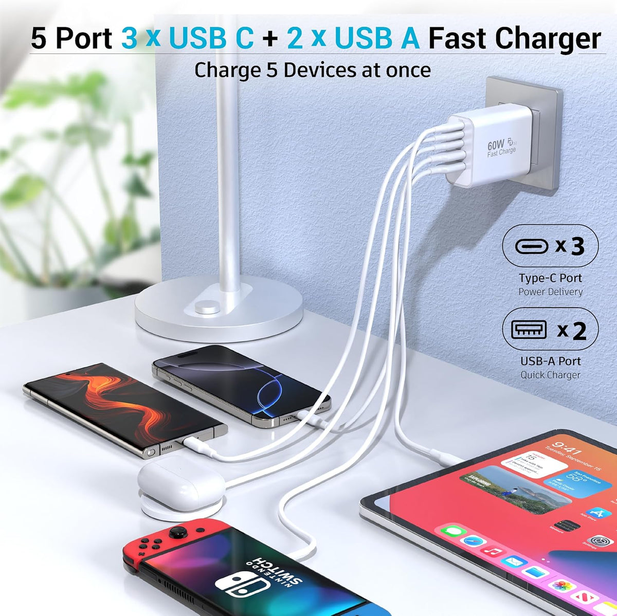 USB C Block 60W, 5 Ports Wall Plug Fast Charging Block, PD+QC Multiport Power Adapter USB C Charger Type C for iPhone 16,15,14,13,12, Pro Max, Galaxy S25, S24, Watch, Tablet, Smartphones -2Pack