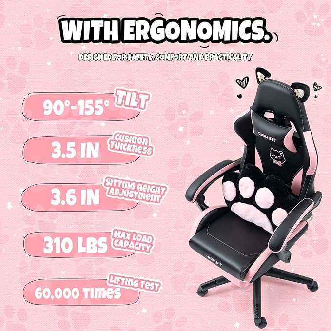 Gaming Chair with Footrest High Back Ergonomic Computer Chair Height Adjustable Game Chair with Headrest and Lumbar Support for Office or Gaming (Pink Black-Cat Ears)