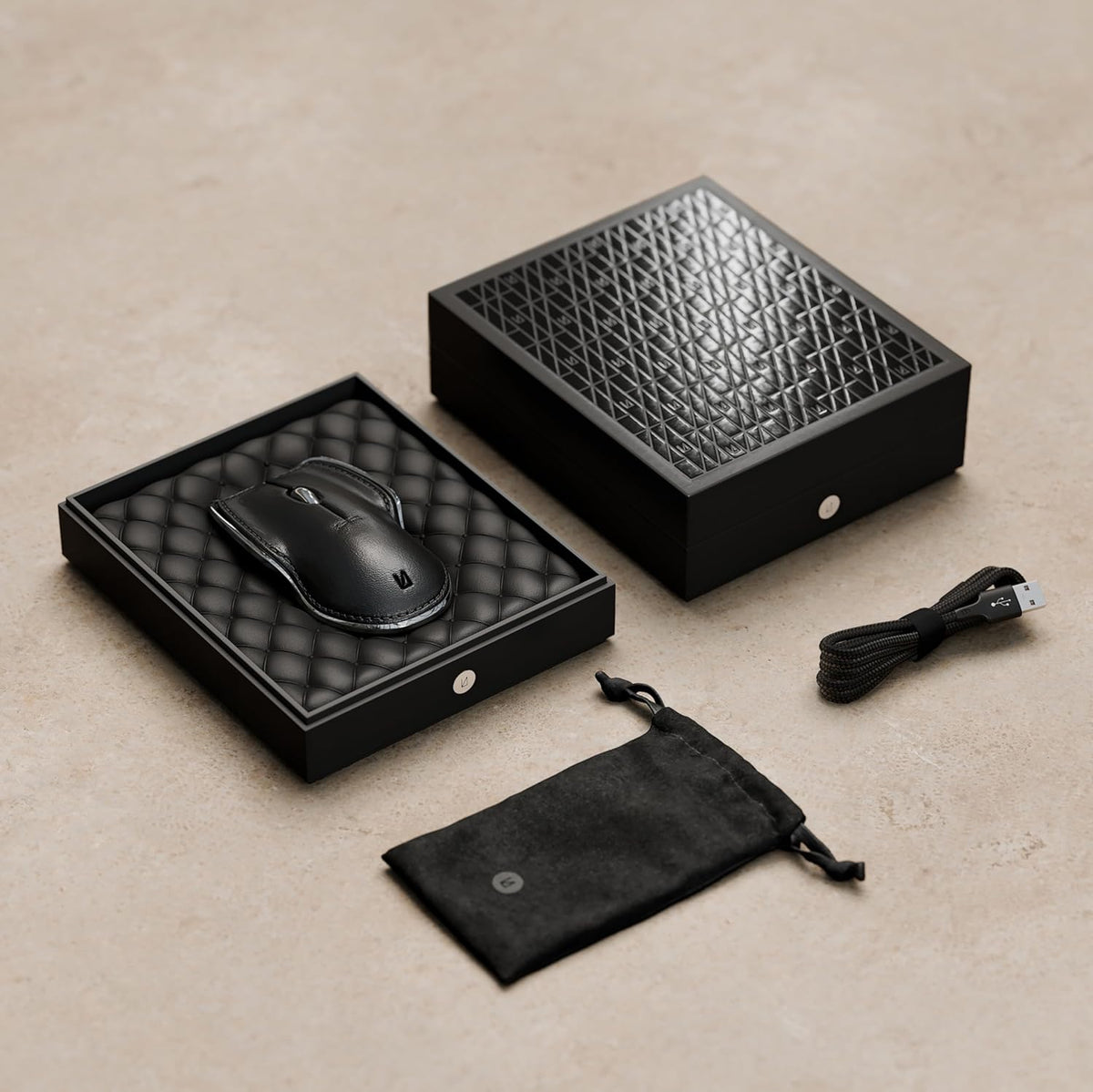 LUNAR ARTEFACTS Ambidextrous Rechargeable Bluetooth Wireless Computer Mouse Black French Leather and Aluminum, Qi Enabled USB-C