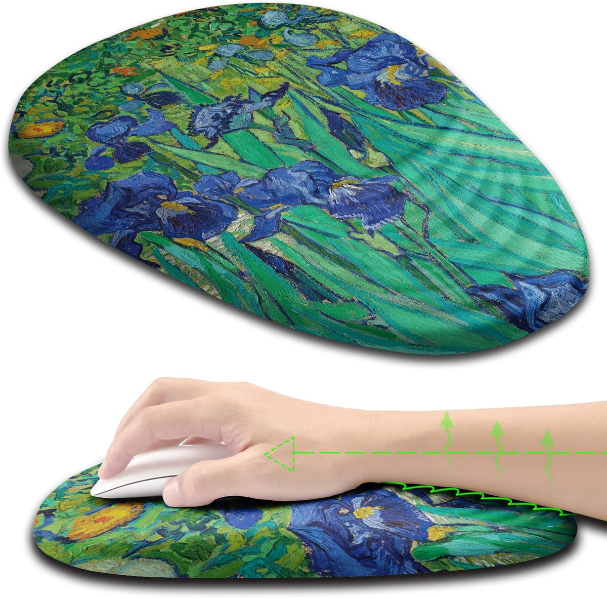 Ergonomic Mouse Pad Wrist Support, Floral Mouse Pad with Wrist Rest, Non-Slip PU Base MousePads with Foam Massage Design for Pain Relief, Desk, Office, Home, Van Gogh Flower