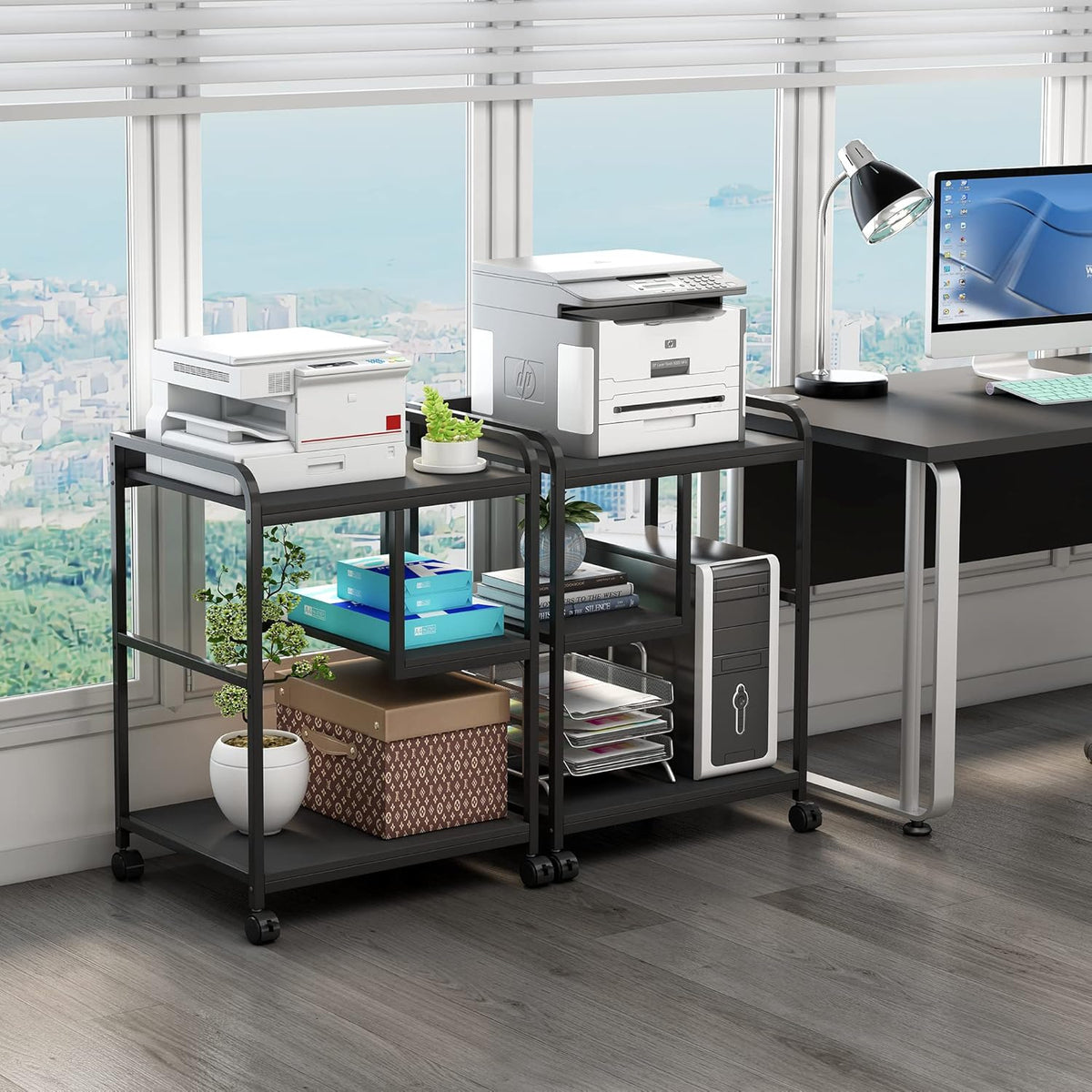Printer Stand with Storage Shelf for Home Office Organization, 22 x 18 Inch Large Printer Table with Wheels, Shredder Stand, CPU Stand, Rolling Cart for Host Computer, PC Tower, Desktop- Black
