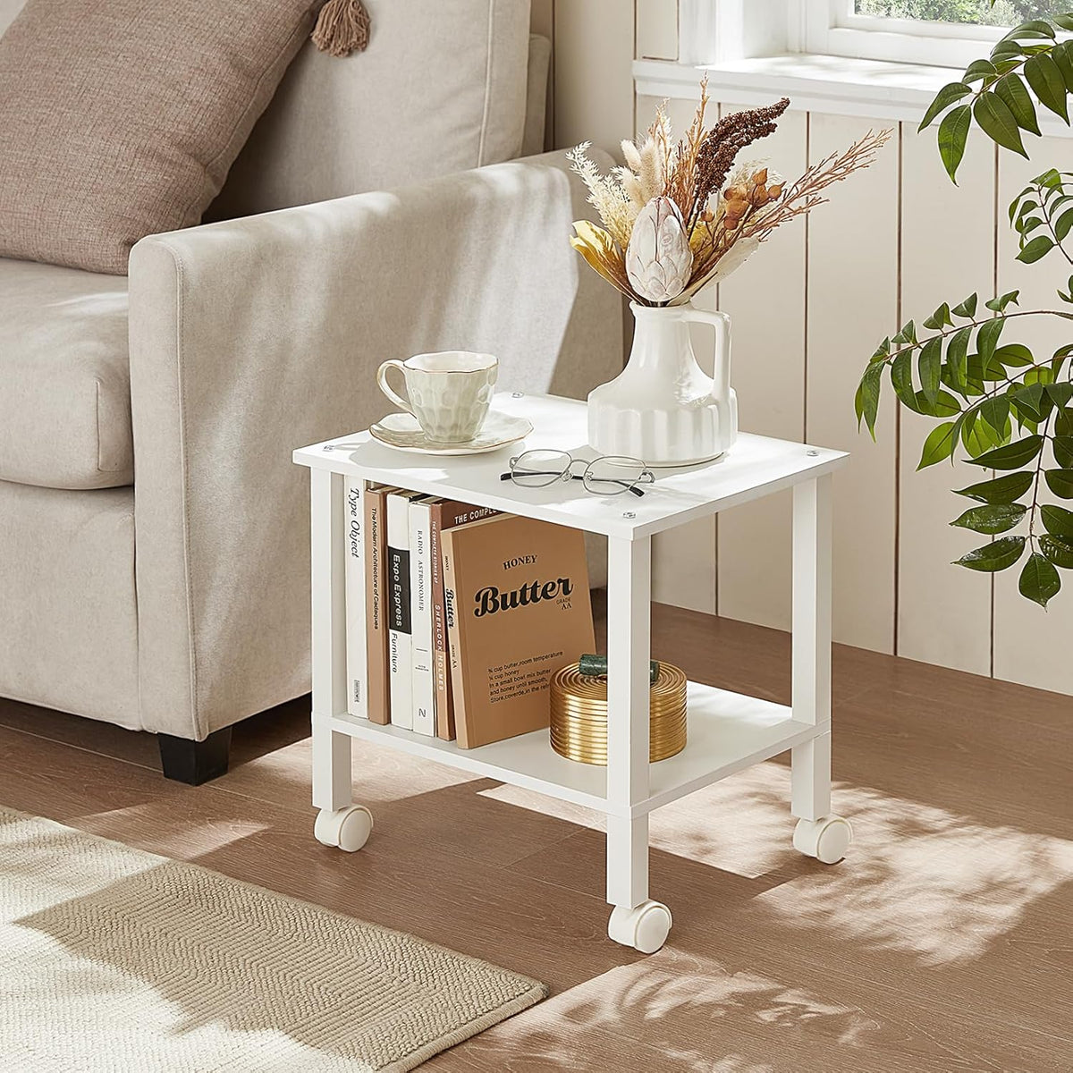2 Tier Printer Stand with Storage,Under Desk Shelf Printer Table, Rolling Printer Cart for Office,Home,White