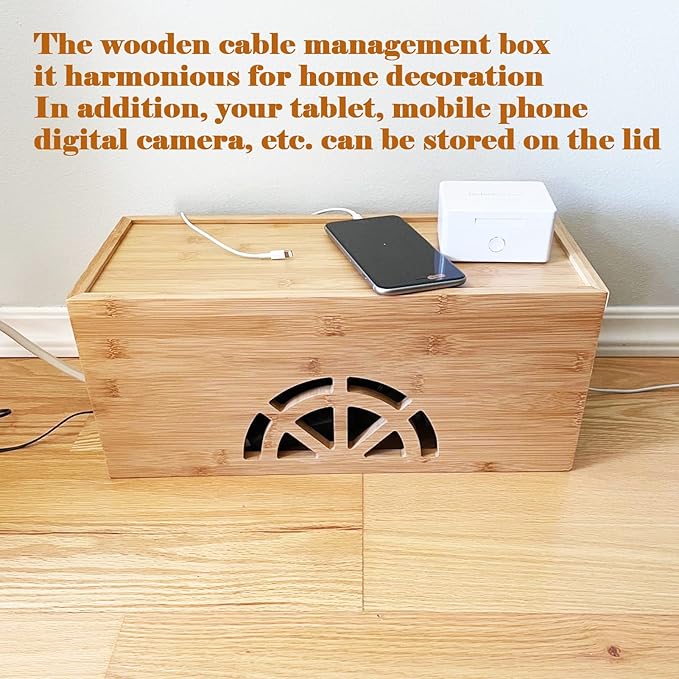 Cable Management Box,Cord Organizer Box,Bamboo Cable Organizer Box for fit Desk Computer USB Behind TV Home Hall Computer Power