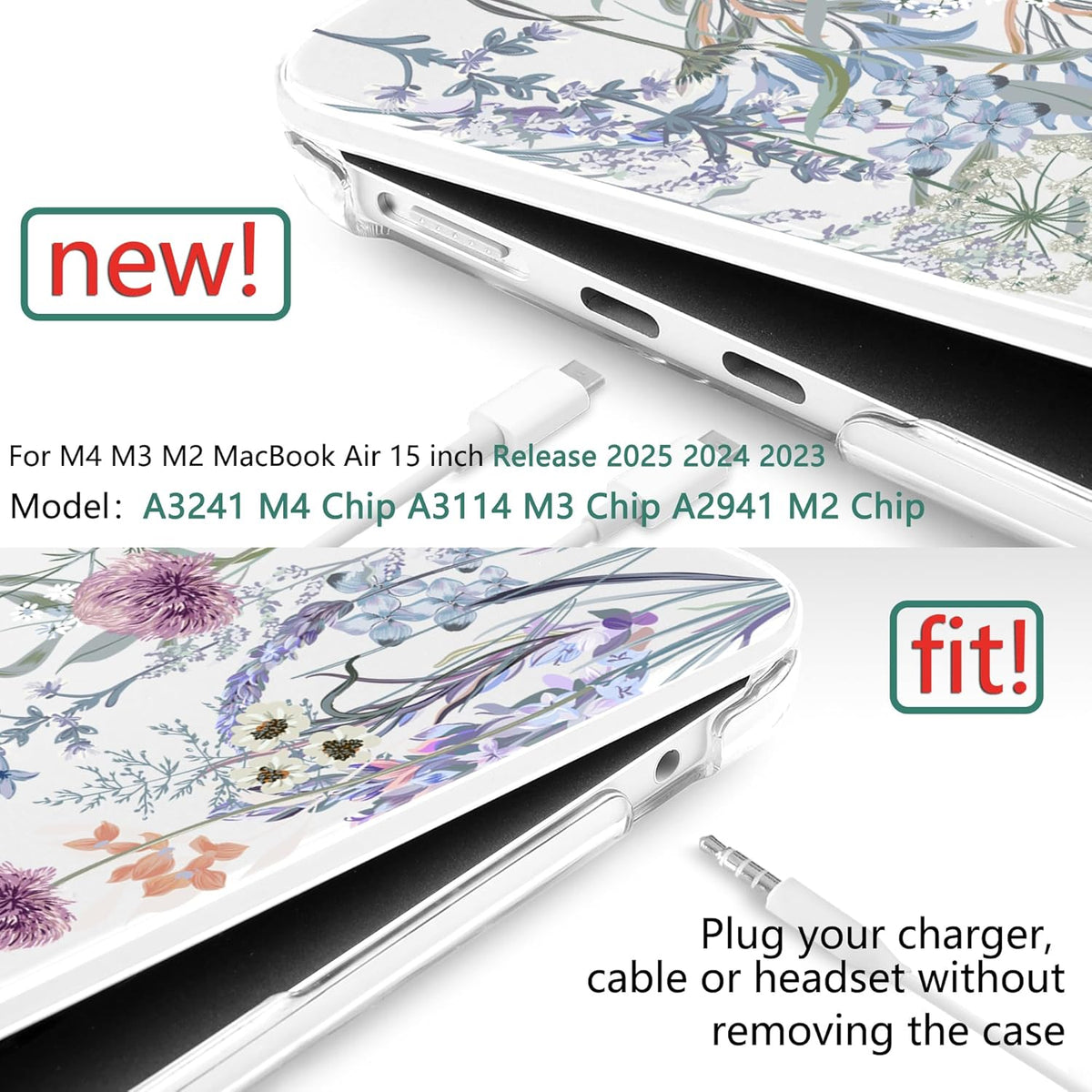 TWOLSKOO Compatible with M4 MacBook Air 15 inch Case 2025-2023 Released Model M4 A3241 M3 A3114 M2 A2941, Plastic Hard Shell & Screen Protector & Keyboard Cover & Type C Adapter, Dandelions