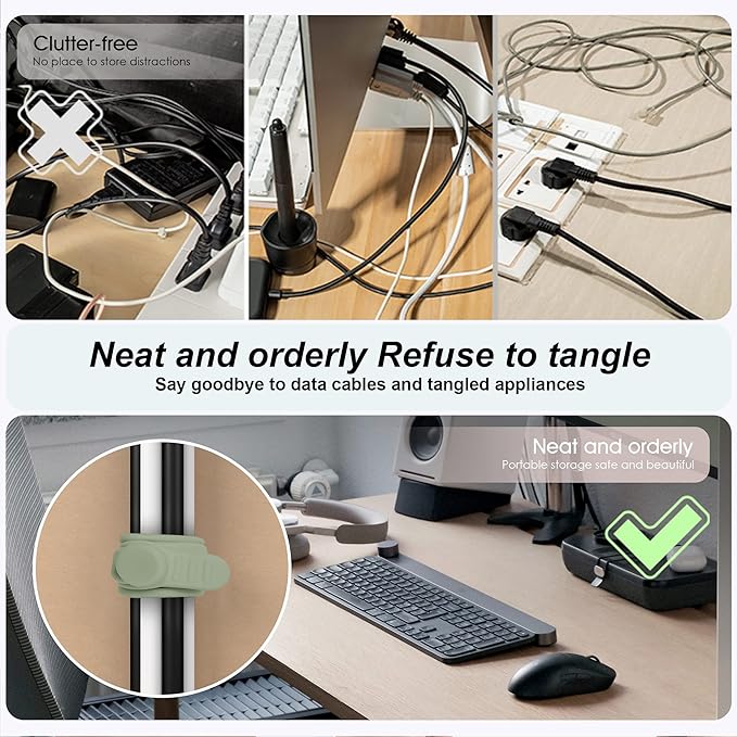 Nearockle Silicone Cable Ties Cord Organizer for Cable Management, 16PCS 4.2" and 7.1" Reusable Cable Organizer Electronic Accessories for Home, Office, Kitchen, School, Travel (Green)