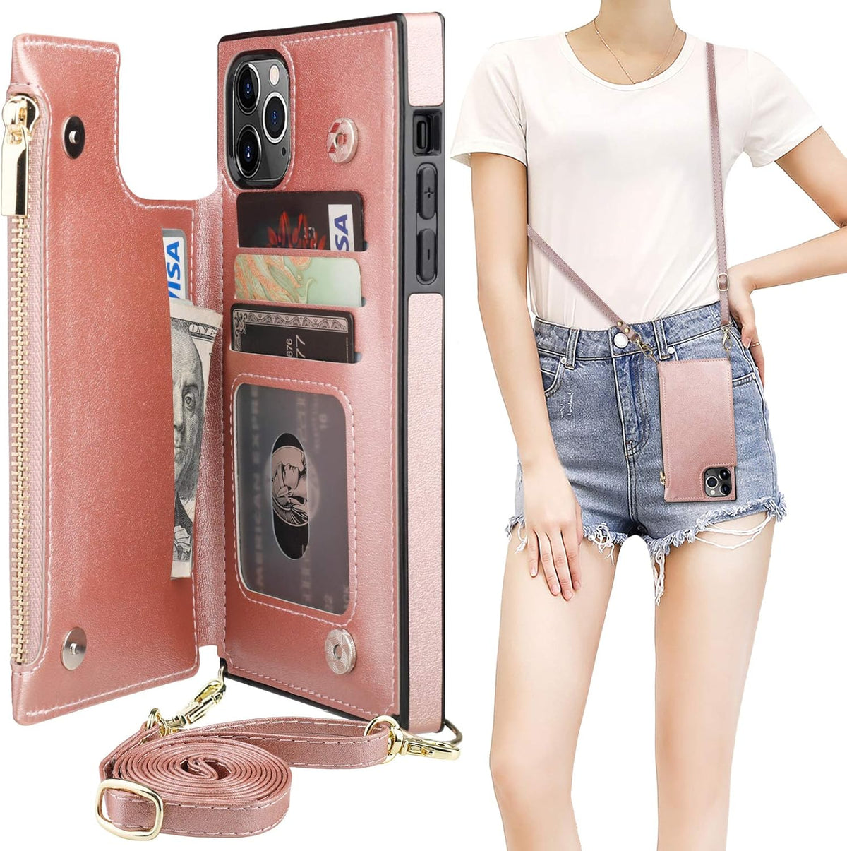 Bocasal Crossbody Wallet Case for iPhone 11 Pro Max with Card Holder,Zipper Card Slot Protector Shockproof Purse Cover with Removable Cross Body Strap 6.5 Inch(Rose Gold)